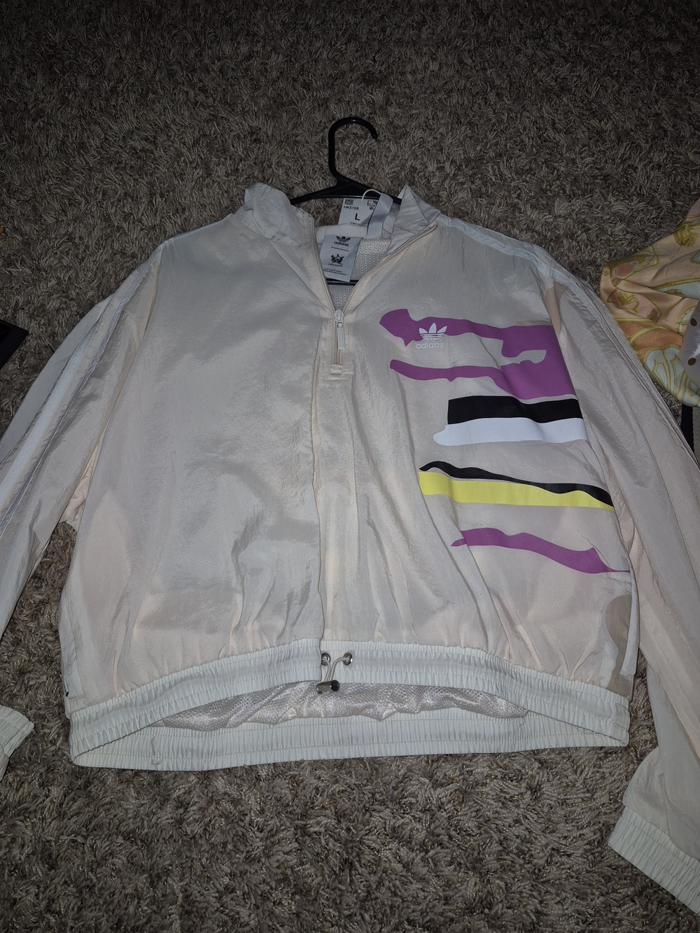 adidas track top  Light Cream Windbreaker with Pink & Yellow Stripe Accents